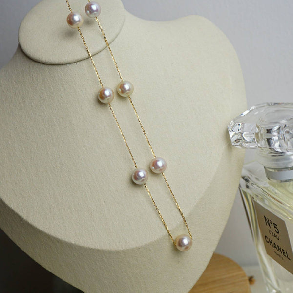 Genuine 18K gold solid beads necklace fine chain, Au750 stamped, 75% of gold, Japanese Akoya natural White pink luster pearls, round 6-7MM