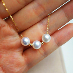 Necklace 18K gold solid smile necklace with Akoya pearls,  AU750 gold stamped  fine dainty chain with akoya Japanese white Pearls