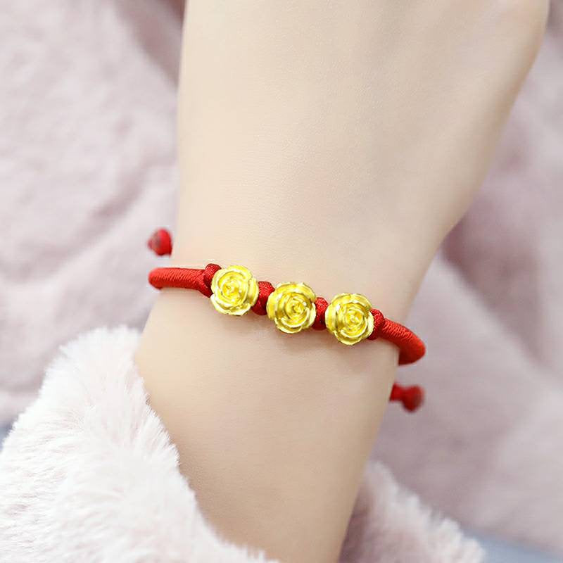 Genuine 24K gold solid 5-roses bracelet, Au999 gold, 99% of gold, with red rope bracelet, pure gold 999 gold beads bracelet