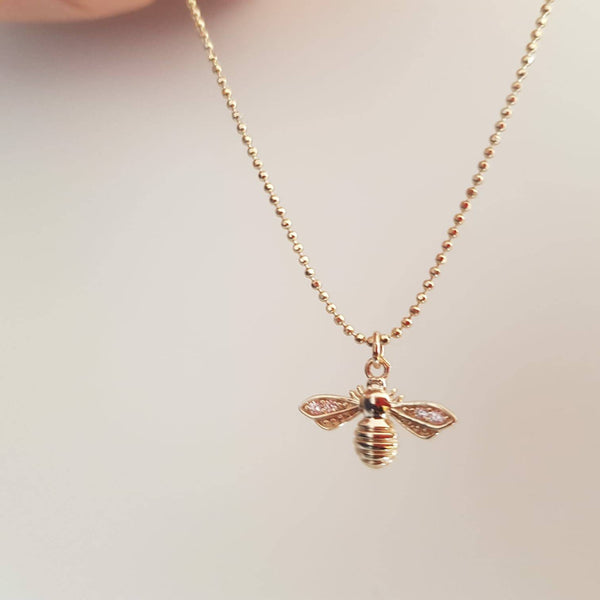 Genuine 14K gold solid bee pendant inlaid with zircon, necklace, stamped Au585, 14K gold jewelry set,Real 18K gold solid beaded chain 38cm