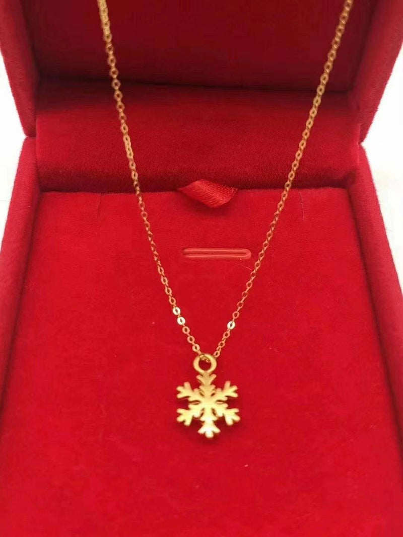 Genuine Necklace set 18K gold solid  AU750 stamped slim fine chain 45CM 18 inches + Pure gold  24K  gold snowflake pendant charm, tiny size