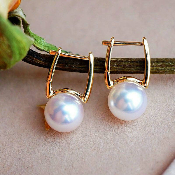 Genuine 18K gold solid loop earrings, Au750 gold, 75% gold earring button up, buckle, dangle, Japanese Akoya natural pearls white pearls