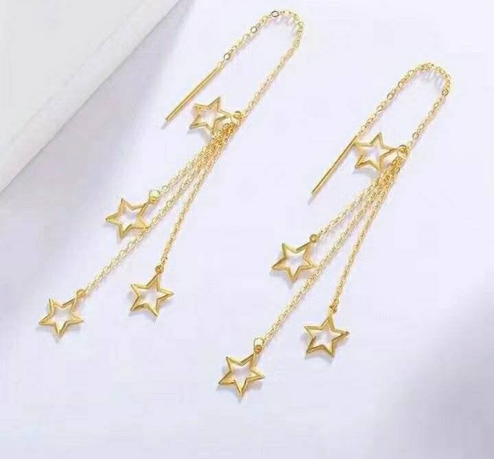 Genuine 18k gold solid long chandelier star earrings, flower earring, Au750 gold solid ear wire, 18K yellow gold, gift for her