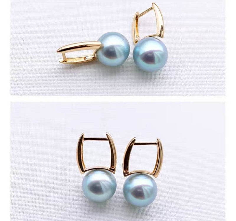 Akoya blue Pearl Dangle Earrings square hoops,  Round AAAA Akoya Pearls 8-9mm, Natural gray blue,18kt gold solid Au750, 75% of gold