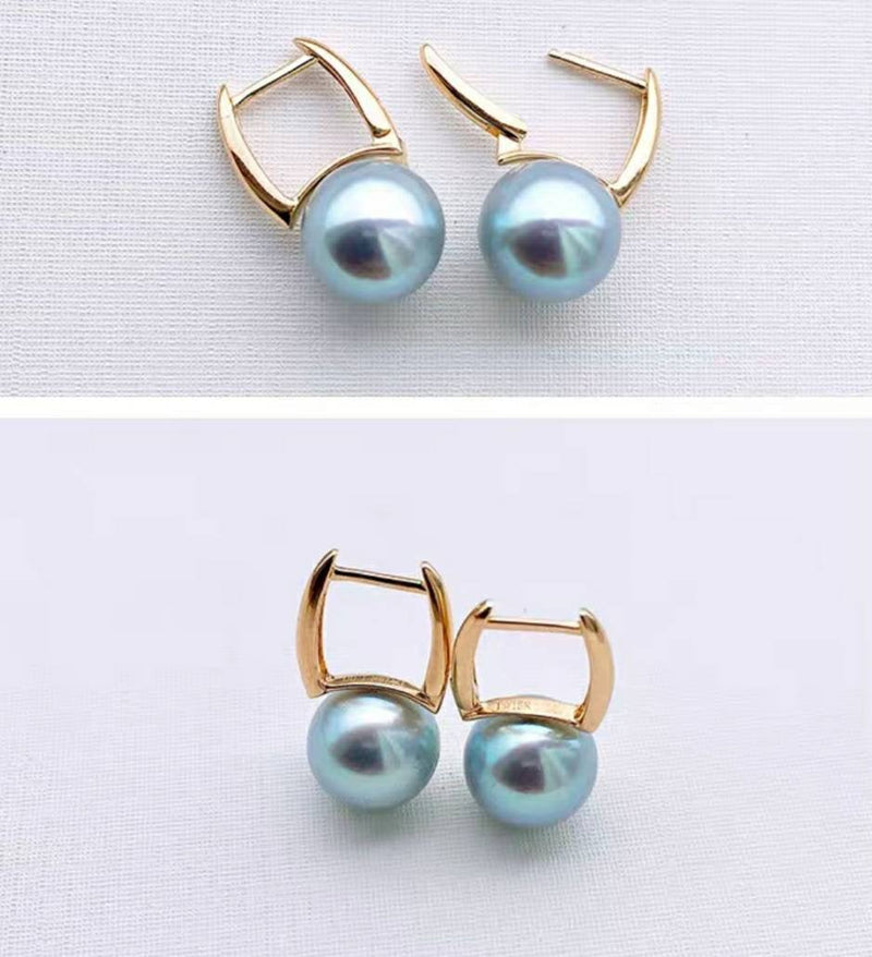 Akoya blue Pearl Dangle Earrings square hoops,  Round AAAA Akoya Pearls 8-9mm, Natural gray blue,18kt gold solid Au750, 75% of gold
