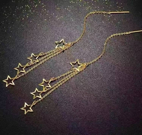 Genuine 18k gold solid long chandelier star earrings, flower earring, Au750 gold solid ear wire, 18K yellow gold, gift for her