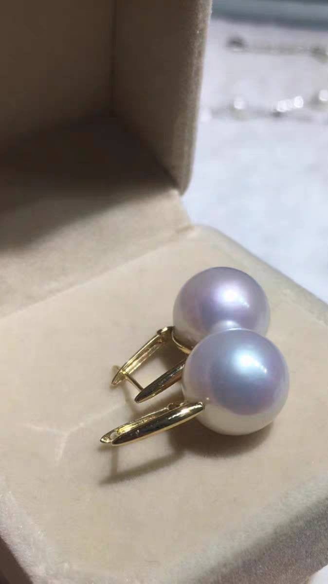 18K gold solid pearl square hoops earrings , Au750 gold dangle , Round big Pearls Natural White Color 11-12MM pink Luster, 18kt Yellow