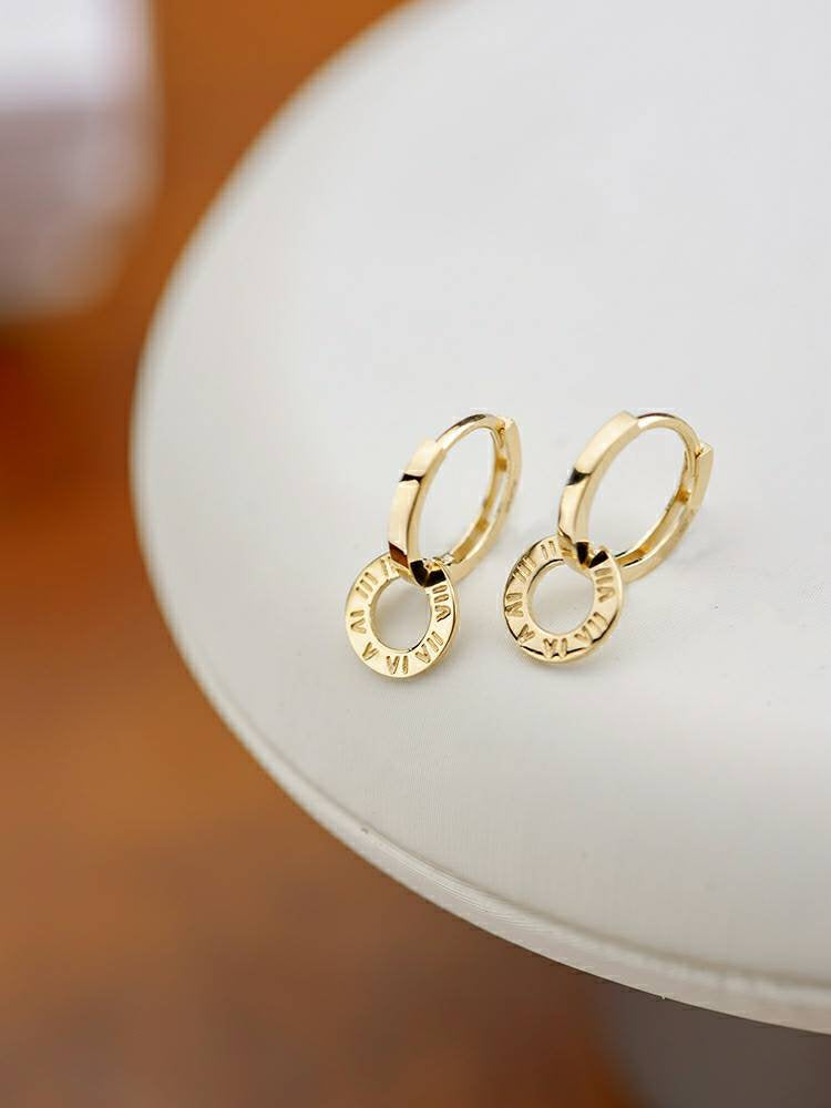 Genuine mini 14k gold solid hoops earring hoops.  14K yellow gold,Au585 stamped gold, dangle Roman number earring