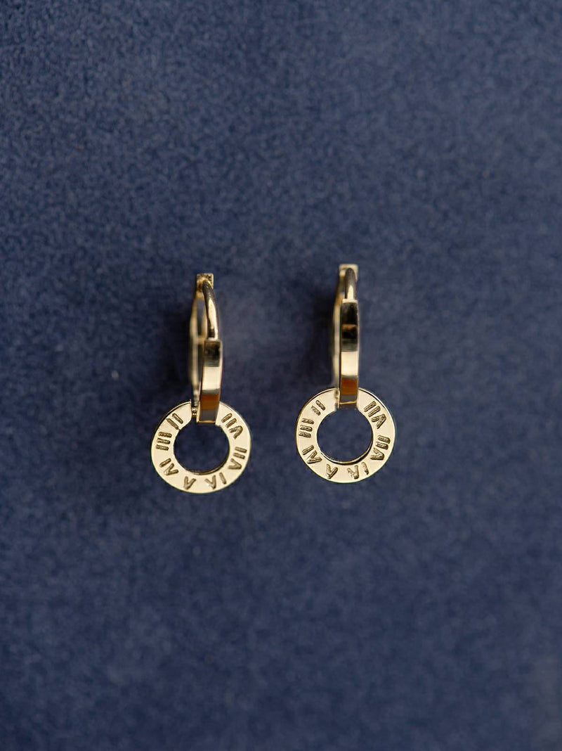 Genuine mini 14k gold solid hoops earring hoops.  14K yellow gold,Au585 stamped gold, dangle Roman number earring