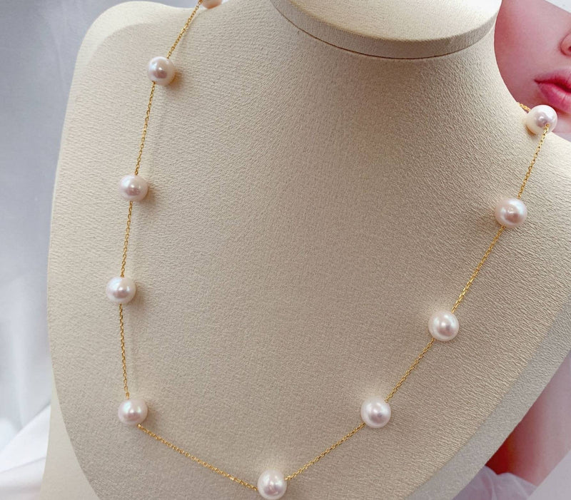 Genuine 18K gold solid necklace chain, Au750, 75% of gold, Freshwater Edison white  pearl  beaded necklace