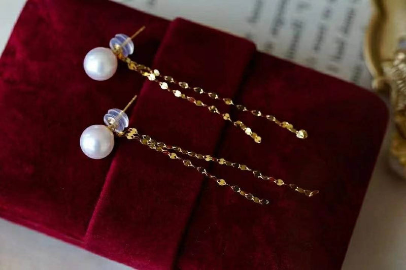 Genuine 18K gold solid earrings, dangle earrings, ear wire Au750 gold  75% of gold, rose gold with Japanese akoya natural pearls, 6-7mm