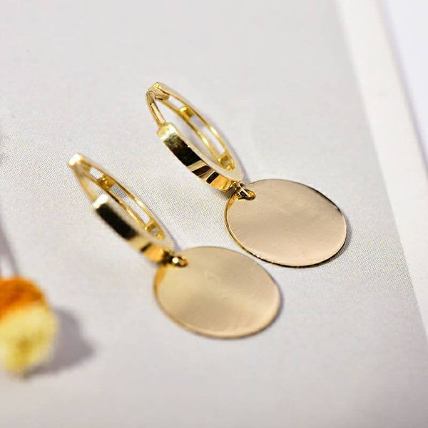 Dangle drop 10K  gold solid big disc coin earring hoops, 10K gold solid dangle earring, real K gold solid hoop earrings