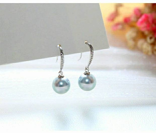 Akoya Pearl Dangle Earrings hooks,  Round Akoya Pearls 8-9mm, Natural  blue, mirror luster, 18kt gold solid zircon earrings, Au750