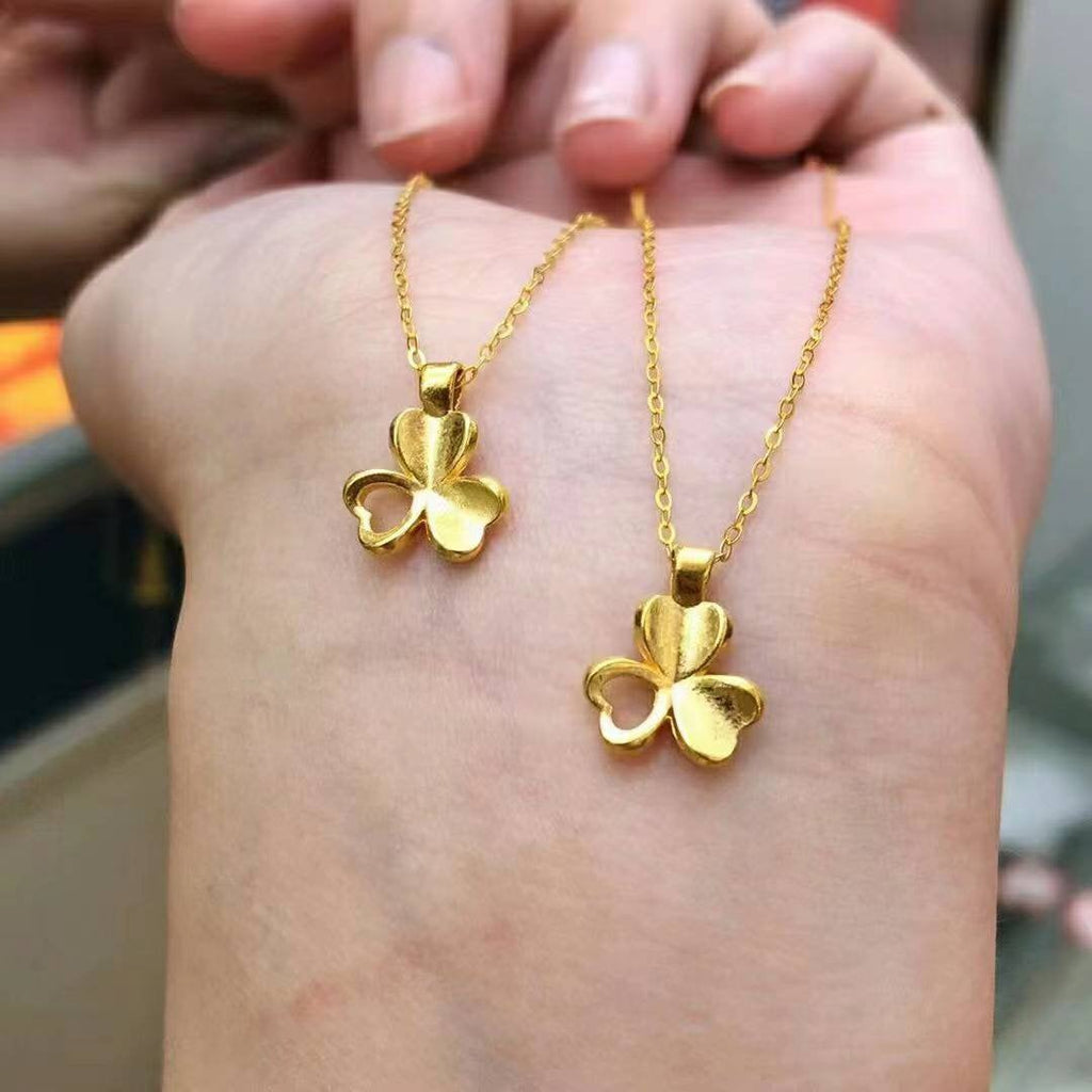 Genuine Necklace set 18K gold solid AU750 stamped fine chain +pure gold  Au999, 24K gold solid three leaf clover pendant charm necklace