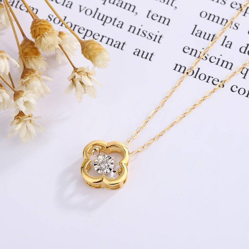 0.02Carat real Diamond  Pendant charm 18K gold solid clover  pendant charm +18K gold fine Chain Au750  jewelry set, 75% of gold