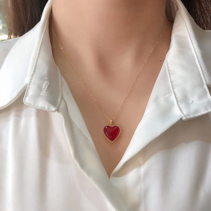 Genuine 18K gold solid fine chain, stamped Au750, 75% of gold, 18K gold pendant with red heart pendant charm, necklace set